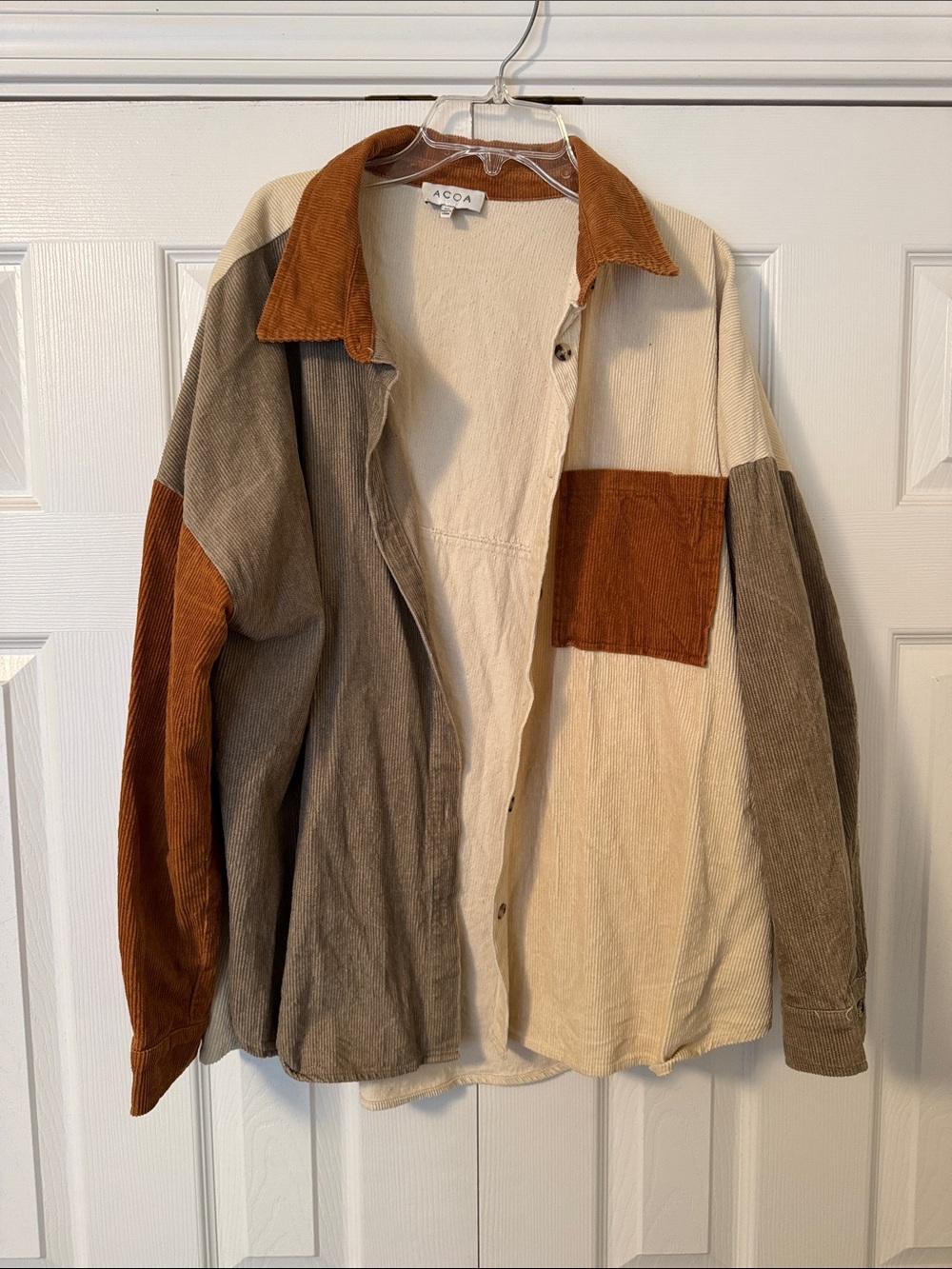 Colorblock Corduroy Shirt Jacket in Cream, Brown & Olive